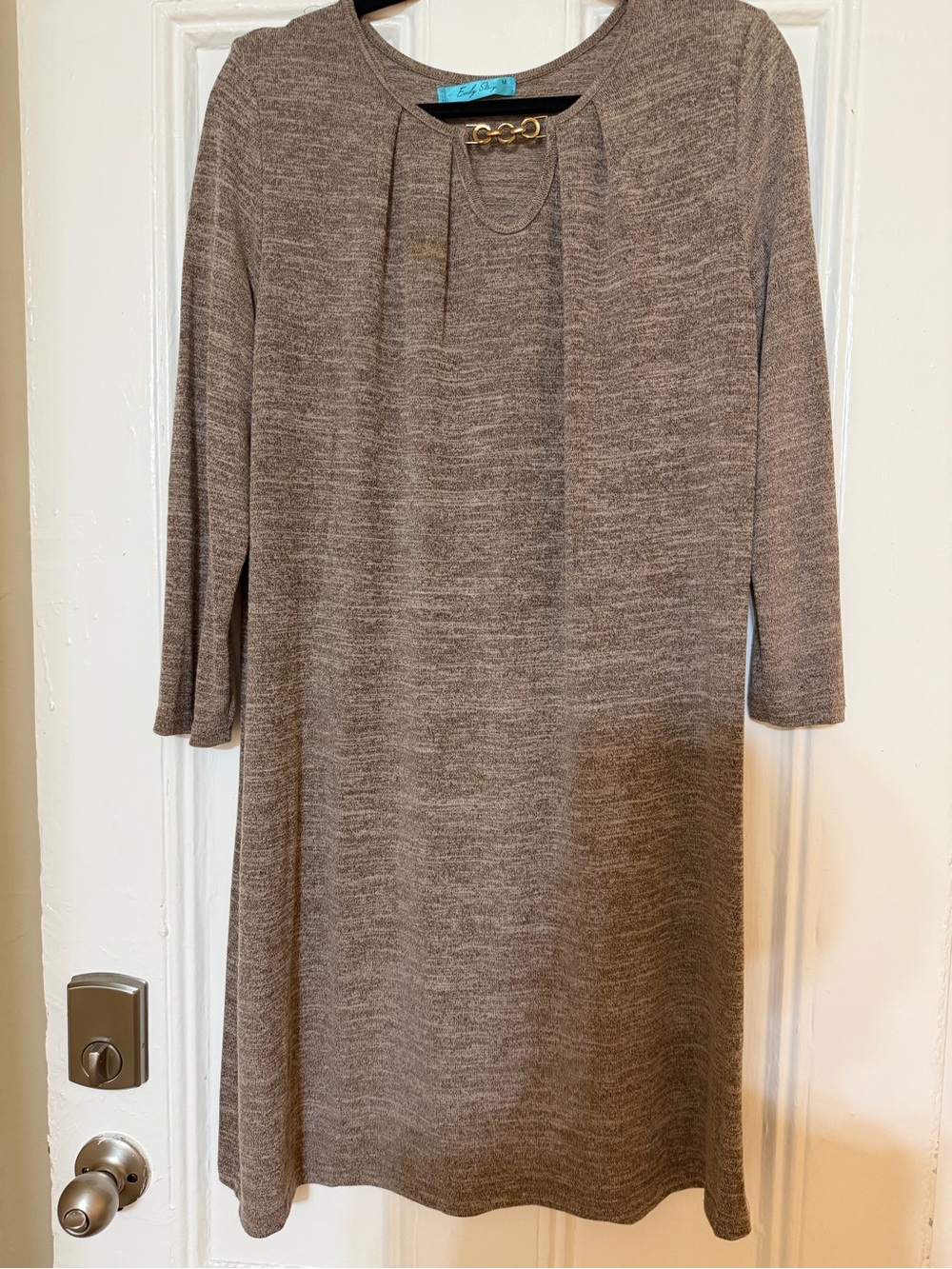 Classic Taupe Knit Shirt Dress with Gold Accent